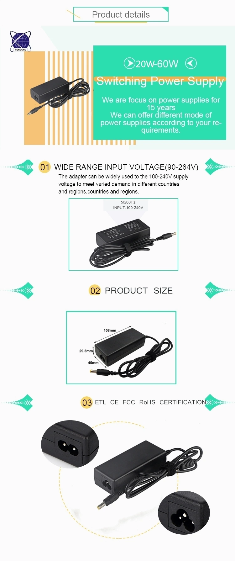 Basic Customization 5V 6V 9V 12V 15V 19V 24V 36V 1A 2A 3A 4A 5A 6A 8A 10A 24W 60W AC/DC Charger/Switching Power Adapter/Power Supply for Laptop/Medical/LED/CCTV